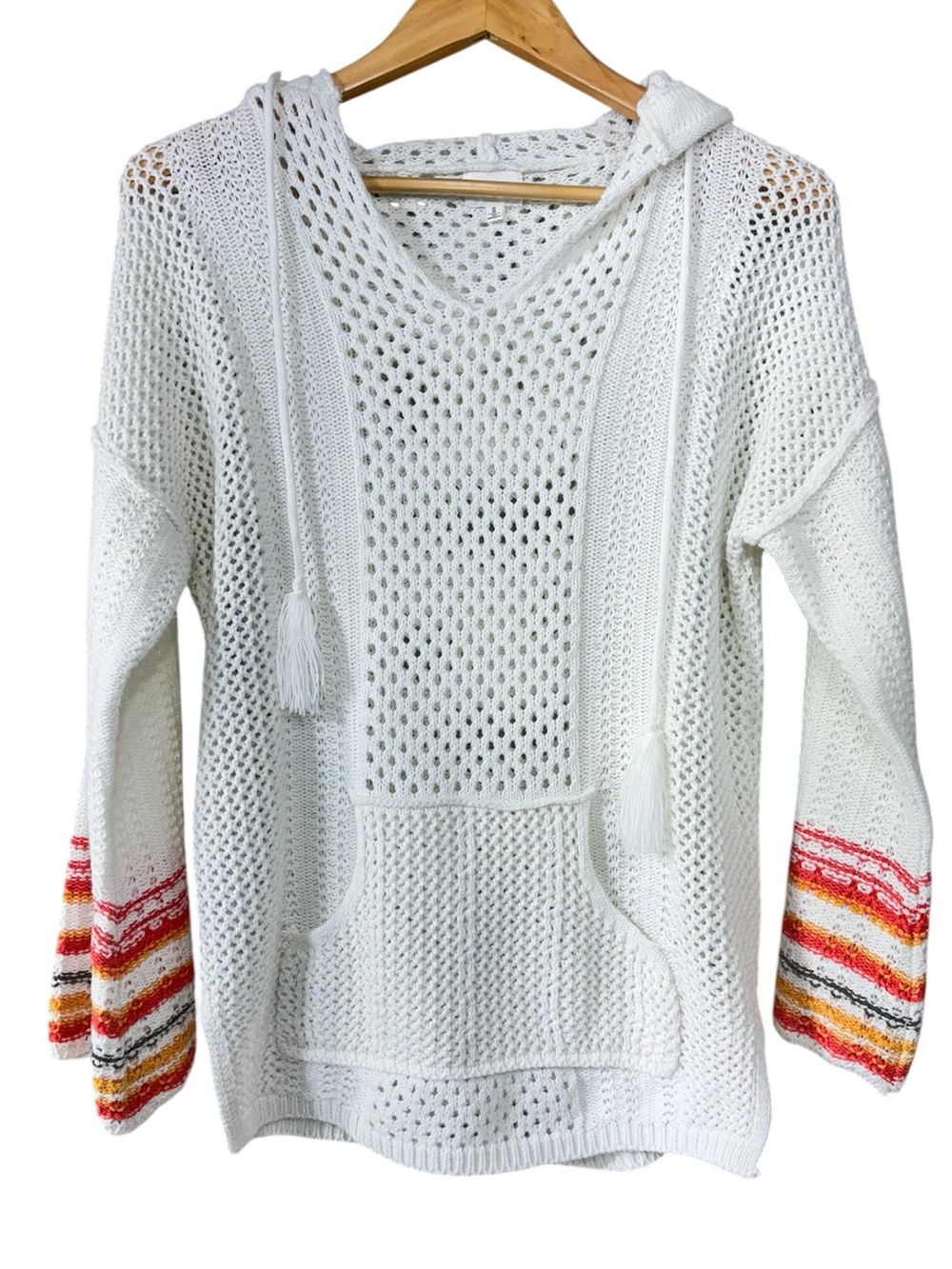 BKE Pointelle Hooded Sweater Womens S Multi Crochet Open Knit Flared Sleeve